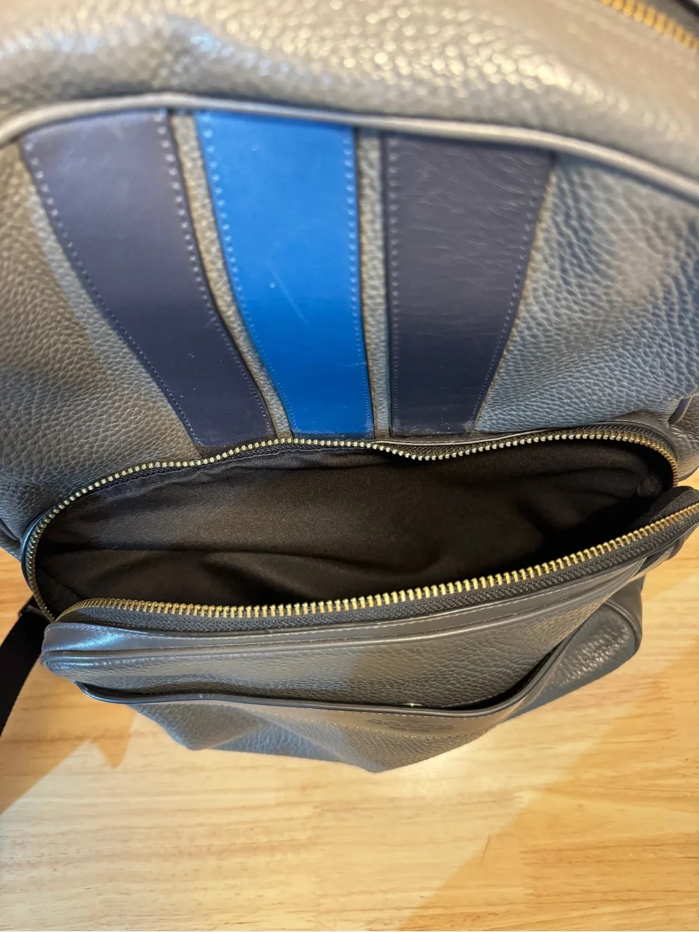 Coach Men's Gray Leather Backpack with Blue Stripe